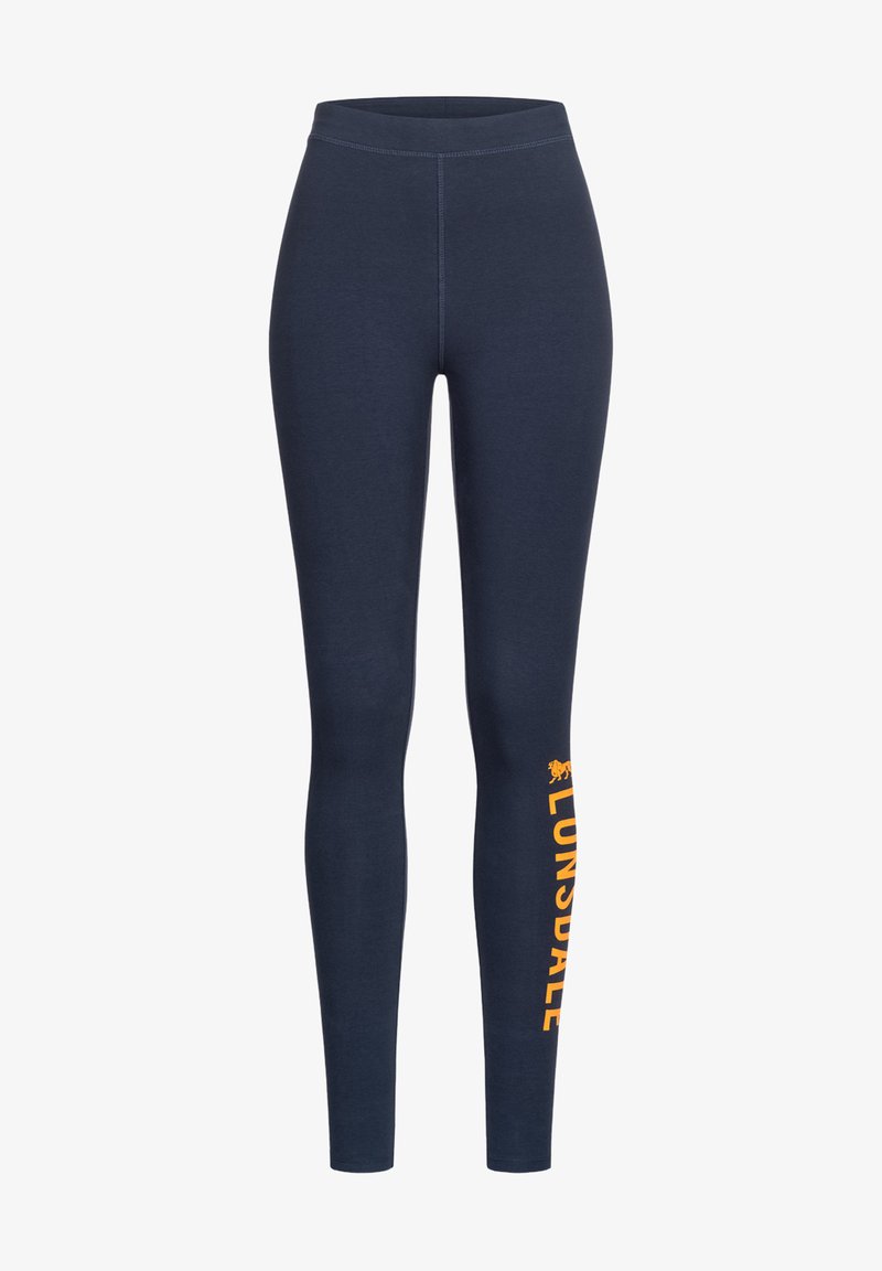 Tengeri kékk leggings, rugalmas anyagból készült, feszes fazonban. Az egyik lábat egy narancssárga "Lonsdale" logó és oroszlán grafika díszíti.