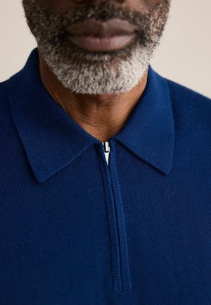 Bärtiger Mann mit Salz-und-Pfeffer-Gesichtsbehaarung trägt ein dunkelblaues Strickshirt mit zum Teil hochgezogenem Reißverschluss am Kragen.