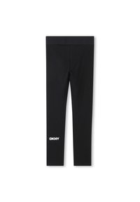 Legging noirs en tissu extensible, dotés d'une large ceinture et d'un logo DKNY blanc sur le bas de la jambe gauche.