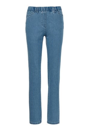 Hellblaue Jeanshose mit weichem, elastischem Bund, geradem Bein Design und zwei Fronttaschen. Sie hat eine glatte Textur und einfache Nähte.