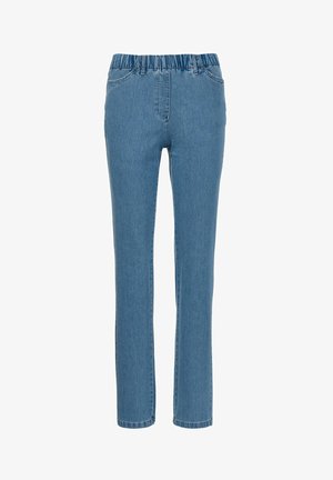 Hellblaue Jeanshose mit weichem, elastischem Bund, geradem Bein Design und zwei Fronttaschen. Sie hat eine glatte Textur und einfache Nähte.