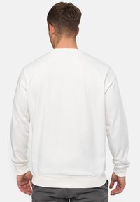 Sudadera blanca de manga larga, con cuello redondo y puños de canalé. Textura suave con un diseño simple y sin adornos. Vista trasera mostrada.