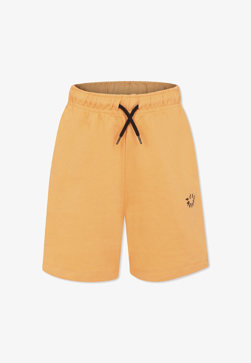 Oranga bomullsshorts med elastisk midja och svart snörning, med en liten svart logotyp på nedre vänstra benet.