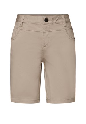 Beige Shorts aus weichem Stoff, mit Knopfverschluss, zwei Vorderseitentaschen und geradem Schnitt. Glatte Textur ohne sichtbare Muster.
