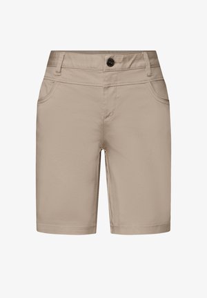 Beige Shorts aus weichem Stoff, mit Knopfverschluss, zwei Vorderseitentaschen und geradem Schnitt. Glatte Textur ohne sichtbare Muster.