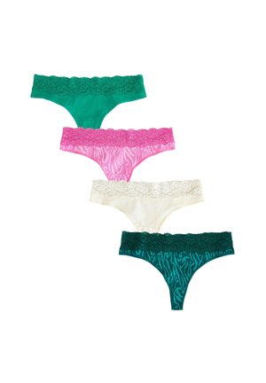 Vier Damen-Strings: grün, pink mit Zebramuster, elfenbeinfarben und dunkelteal. Jeder hat einen Spitzenbund mit Bogenkante. Material aus Baumwollmischung.
