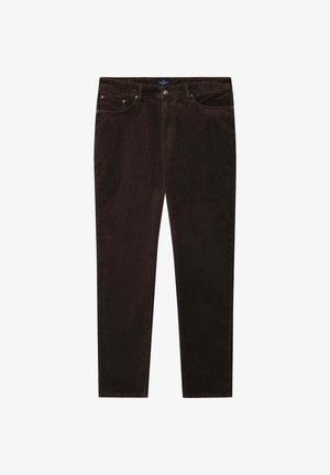 Pantalones de pana marrón oscuro con cinco bolsillos, cierre de botón y cremallera, y un corte recto, exhibidos sobre un fondo blanco.