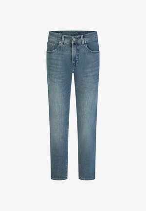 Jean droit bleu en denim pour homme avec poches avant, passants pour ceinture, fermeture par bouton et fermeture éclair, et un léger effet délavé subtil.
