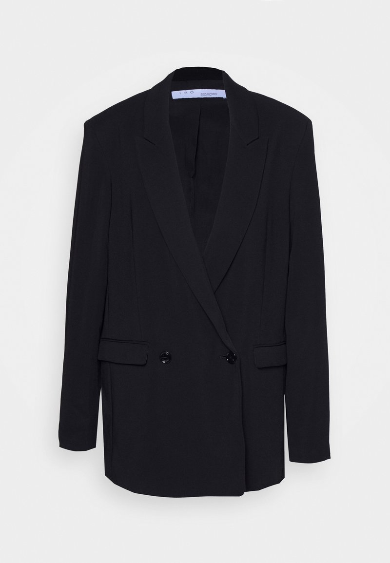 Blazer noir croisé avec revers crantés, deux boutons et poches à rabat, présenté sur un fond blanc uni.
