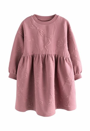 Pink long-sleeve dress with textured floral embroidery, round neck, gathered waist, and elastic cuffs. Made from soft fabric.