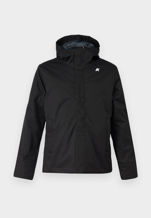 Black waterproof jacket with a hood, featuring a zip front, two side pockets, and a small logo on the chest. Smooth, matte finish.