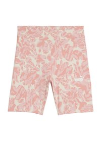 Pink and cream patterned bike shorts with a smooth texture, featuring a wide waistband and a small white Puma logo on the lower right side.
