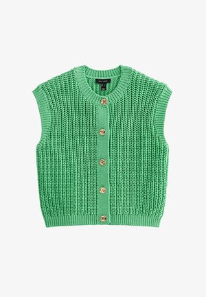 Gilet vert en tricot sans manches avec col et ourlet côtelés, orné de cinq boutons décoratifs dorés sur le devant.