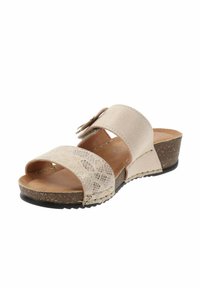 Sandal beige con un motivo in pelle di serpente testurizzato sulla cinghia, una parte superiore liscia, tacco a zeppa basso e suola in gomma flessibile.
