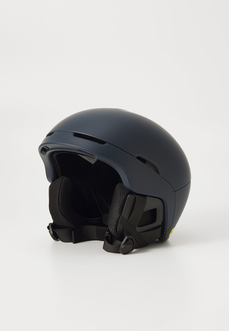 Dark blue helmet with a smooth matte finish, internal padding, adjustable straps, and ventilation vents on the top and sides.