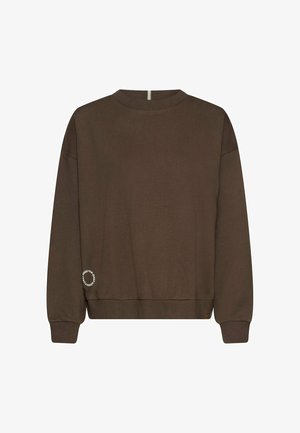 Sweat-shirt marron à manches longues avec col rond, poignets et ourlet côtelés, présentant un petit détail de texte circulaire blanc près du côté inférieur gauche.