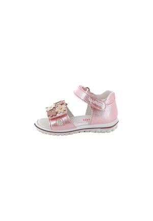 Sandalo metallizzato rosa per bambino piccolo con due cinturini regolabili, decorato con applicazioni floreali beige e rosa, e suola bianca testurizzata.