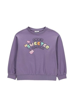 Fioletowa bluza z długim rękawem z napisem „Life's Sweeter With You” i trzema małymi, kolorowymi ilustracjami misiów z przodu.