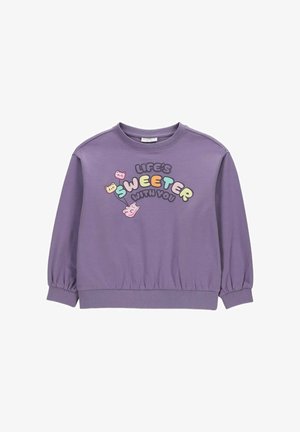 Fioletowa bluza z długim rękawem z napisem „Life's Sweeter With You” i trzema małymi, kolorowymi ilustracjami misiów z przodu.
