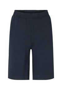 Dark navy blue shorts with an elastic waistband, flat front, and stitched hem, made from a lightweight, smooth fabric.