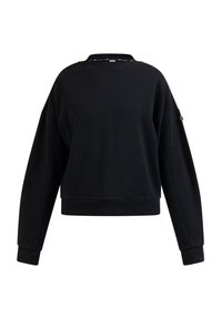 Mustas cropped collegepaita pehmeästä kankaasta. Ominaisuuksiin kuuluu pyöreä kaula-aukko, laskeutuneet olkapään saumat ja pieni logo helman ja hihan lähellä.