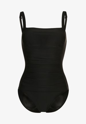 Maillot de bain noir avec bretelles réglables, design froncé et coupe classique. Fabriqué en tissu extensible pour le confort et l'ajustement.