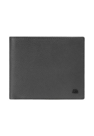 Portefeuille en cuir noir texturé avec des bords cousus et un petit logo double "R" dans le coin inférieur droit.