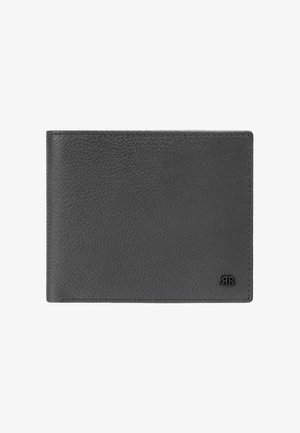 Cartera de cuero negro texturizado con bordes cosidos y un pequeño logo doble "R" en la esquina inferior derecha.