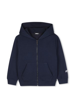 Sudadera con capucha azul marino con cremallera, bolsillos delanteros, puños y bajo acanalados, y capucha, con un pequeño logo en la manga izquierda.