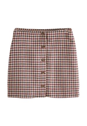 Mini skirt with brown, purple, and beige houndstooth pattern, featuring a front button closure with six brown buttons.