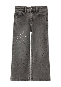Szare dżinsy z szerokimi nogawkami, ozdobione srebrnymi cekinami ułożonymi w rozproszony wzór z przodu. Standardowy krój z pięcioma kieszeniami.