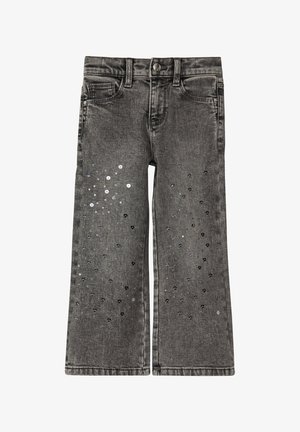 Šedé rifle z denimu so širokými nohavicami, ozdobené striebornými flitrami usporiadanými v rozptýlenom vzore na prednej strane. Štandardný dizajn s piatimi vreckami.