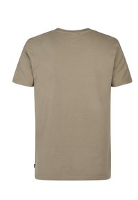 Khaki katoenen T-shirt met korte mouwen, een standaard ronde hals en een rechte zoom. Geen zichtbare logo's of patronen aan de achterkant.