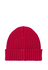 Dzianinowa czapka typu beanie w jaskrawym różowym kolorze z pionową, żebrowaną fakturą, wyposażona w złożony mankiet dla regulowanego dopasowania oraz miękki, przytulny materiał.