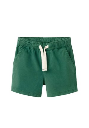 Pantaloni scurți casual verzi cu talie elastică și șnur alb, cu buzunare laterale, afișați pe un fundal alb.