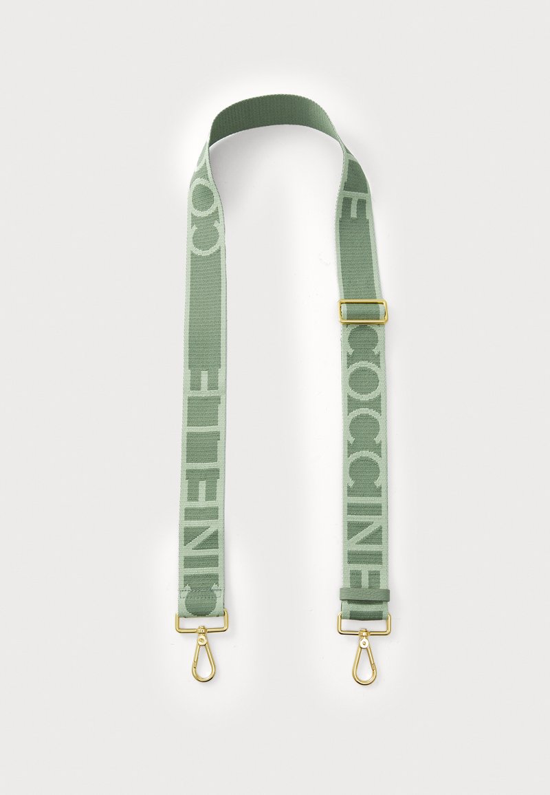 Green fabric shoulder strap with textured letters and gold-colored hardware. Features adjustable buckle and metal clips on both ends.