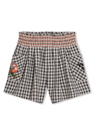 Shorts à carreaux vichy avec taille froncée, ornés d'une broderie florale sur une poche et de coutures contrastées sur le haut.