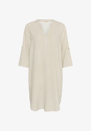 Knie-lange gestreepte jurk in crème en beige, met een V-halslijn, driekwart mouwen en subtiele knoopaccenten op de mouwen.