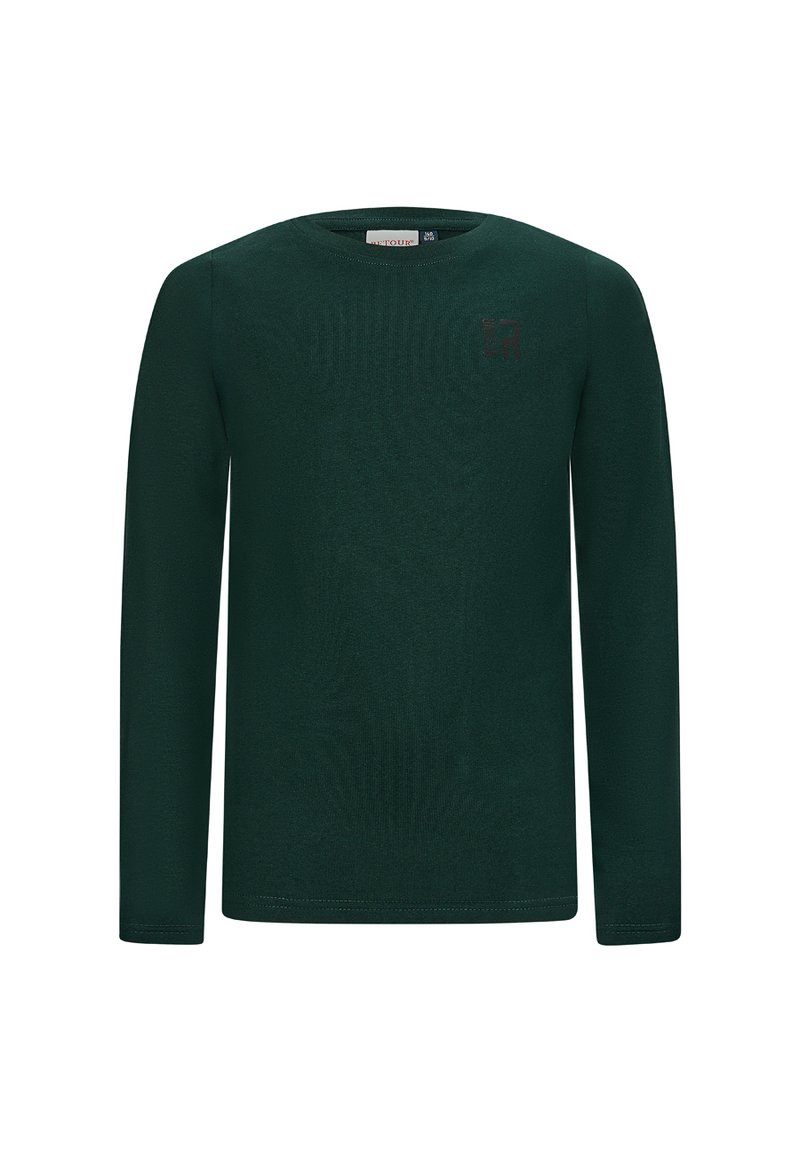 Langärmliges Shirt aus dunklem grünen Baumwollstoff mit Rundhalsausschnitt und einem subtilen Logodetail auf der Brust. Glatte Textur und taillierte Passform.