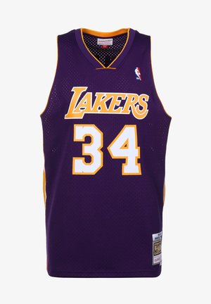Purple basketball jersey with "LAKERS" and number "34" in yellow. Features mesh fabric, V-neck design, and NBA logo on the upper left.