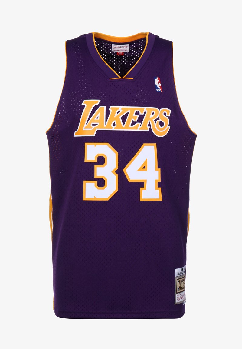Lilla basketballtrøje med "LAKERS" og nummer "34" i gul. Har mesh-stof, V-hals-design og NBA-logo på øverste venstre side.