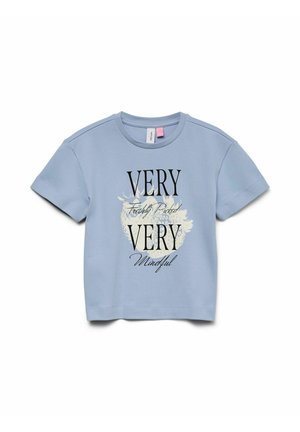 Light blue short-sleeve T-shirt with black text "VERY Freshly Picked VERY Mindful" and a faint pineapple graphic behind the text.