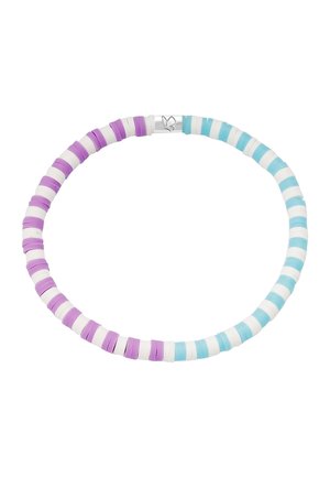 Stretch bracelet with alternating pink, white, and blue round flat beads, featuring a small silver clasp engraved with a leaf design.
