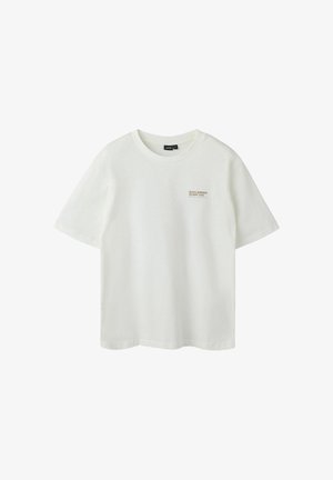 Hvid T-shirt med korte ærmer, rund halsudskæring og lille beige "San Diego Surf Co." tekst på venstre bryst.