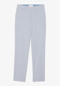 Helle blaue Hosen mit vertikalen weißen Streifen, strukturiertem Design, flachem Vorderteil, Gürtelschlaufen und glatter Stoffoberfläche.