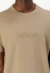 Šviesiai rudos spalvos medvilnės marškinėliai su apykakle ir trumpomis rankovėmis. Papuošti išsiuvinėtu „Hollister“ logotipu, šiek tiek tamsesnės spalvos. Lygus paviršius.