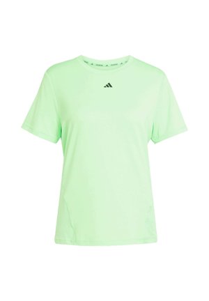 Lichtgroene t-shirt met korte mouwen, gemaakt van gladde stof. Heeft een ronde halslijn en een klein zwart logo op de borst. Eenvoudig ontwerp.