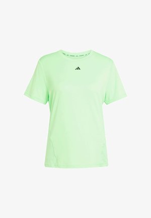 Light green short-sleeve t-shirt made from smooth fabric. Features a round neckline and a small black logo on the chest. Simple design.