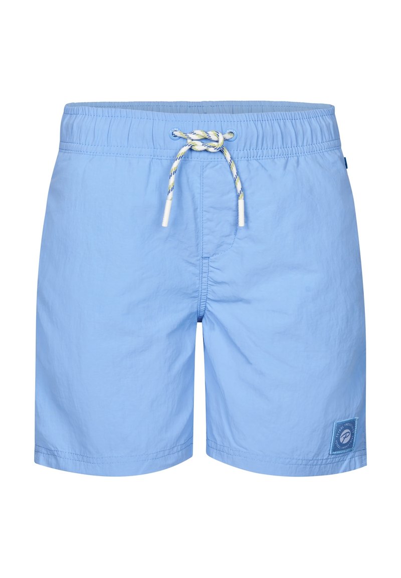 Vaaleansiniset uimapuvut, joissa on joustava vyötärö, kontrastivärinen keltainen kiristysnauha ja logo-patch vasemmassa jalassa.