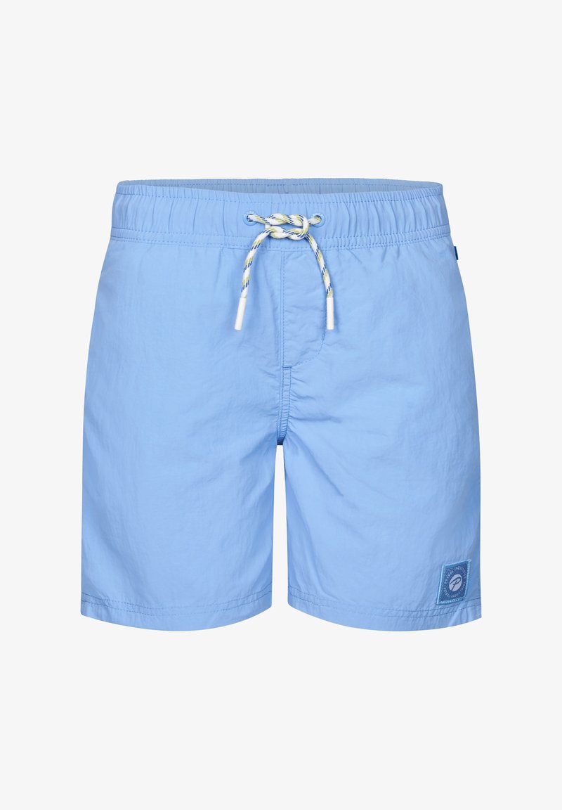 Vaaleansiniset uimapuvut, joissa on joustava vyötärö, kontrastivärinen keltainen kiristysnauha ja logo-patch vasemmassa jalassa.